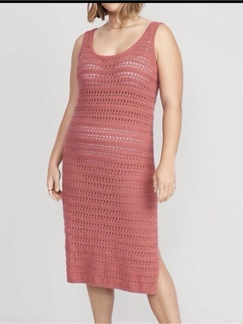 Old Navy Crochet Open Knit Dress Size L Coral Pink Cover-Up Boho Beach Cover